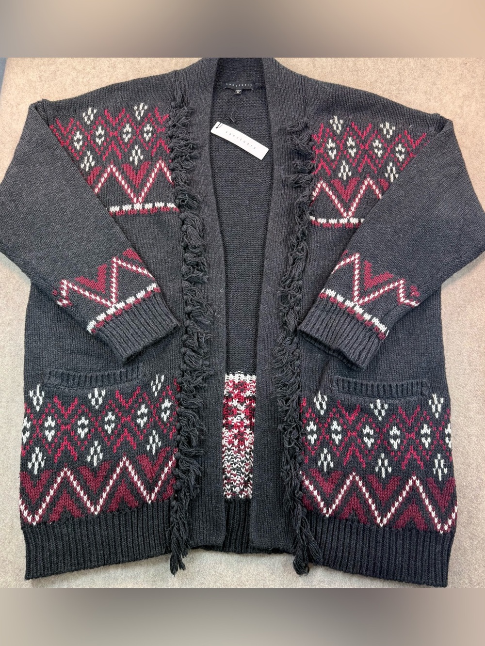 NWT Sanctuary Cozy Charcoal Open-Front Cardigan Burgundy Fair Isle Women Sz M
